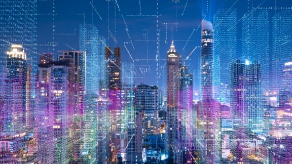 Abstract colorful circular with city background